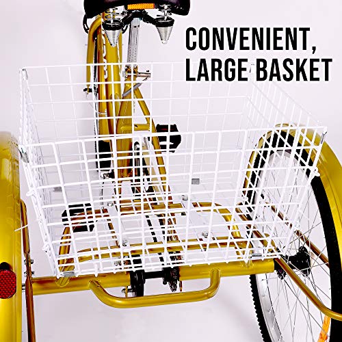 HIRAM Adult Tricycle, 24"/26" Wheels Trike with Low Step-Through Steel Frame, Front and Rear Fenders, Single Speed, Large Cruiser Seat, Water-Proof Bag and Rear Basket