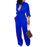 SxClub Jumpsuits for Women Formal Sexy Elegant Long Straight Pants Busineess Party Jumpsuit with Belt Pockets