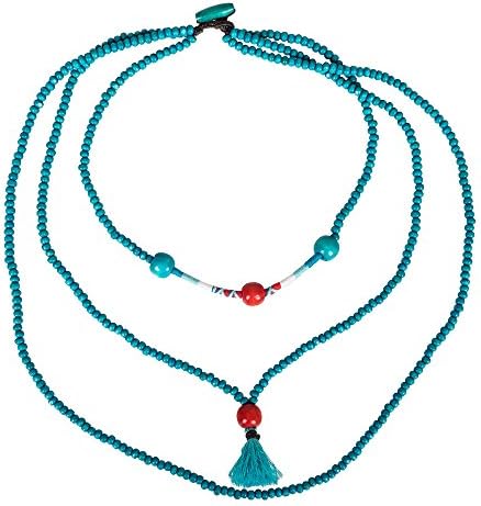 Nawakul Turquoise Blue & Red Wooden Multi Layered Beaded Long Layer Bead Tassel Necklace