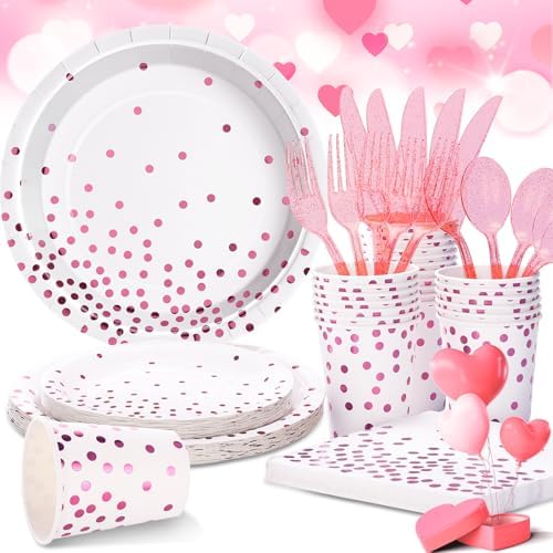 joy akkess 175PCS White and Pink Party Supplies White Pink Plates and ...