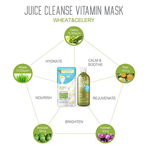Ariul Natural Facial Face Sheet Mask Pack, Juice Cleanse Mask [2X Plus] Multipack of 5 Skin Cleansing Detox Face Masks - Natural Wheat & Celery for Soothing, Calming, Nourishing & Ultra Hydration - Thumbnail 2