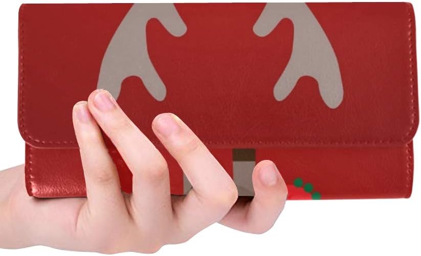 Unique Custom Christmas Greeting Card Deer On Red Women Trifold Wallet Long Purse Credit Card Holder Case Handbag