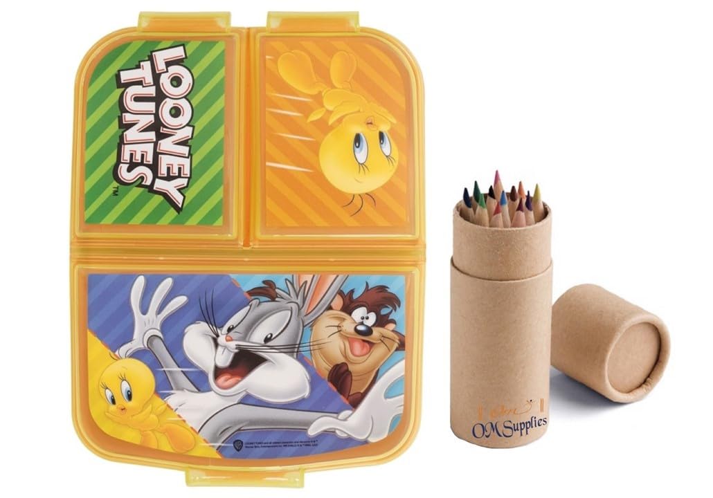 Looney Tunes Heroes Reusable Sandwich Lunch Box 3 Multi Compartment Kids Children School Includes Half Size 12pcs Pencil Set (Looney)