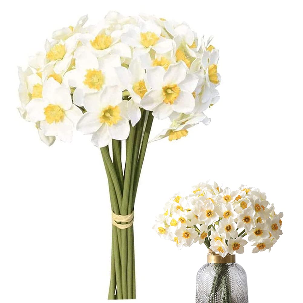 Hidyliu Pack of 6 Artificial Flowers, Latex Bouquet Flower Arrangements, Fake Daffodil Bouquets, DIY Flower Arrangements, Table Decoration, for Home, Garden, Party, Office Decoration (White)