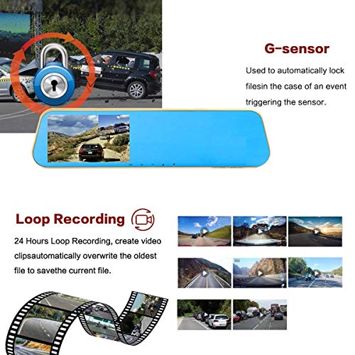 TENNBOO Mount Front and Rear Dash Cam with 4.3" Full HD 1080P Mirror Screen,170°Wide Angle Dual Lens Car DVR and 140°Water-Proof Back Camera,8GB Micro SD Card Included (Black)