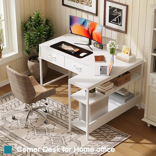 CAIYUN L Shaped Computer Desk with 2 Drawers, 39 Inch Office Corner Desk with 2 Storage Shelves, Working Table Study Table for Home Office Desk, White