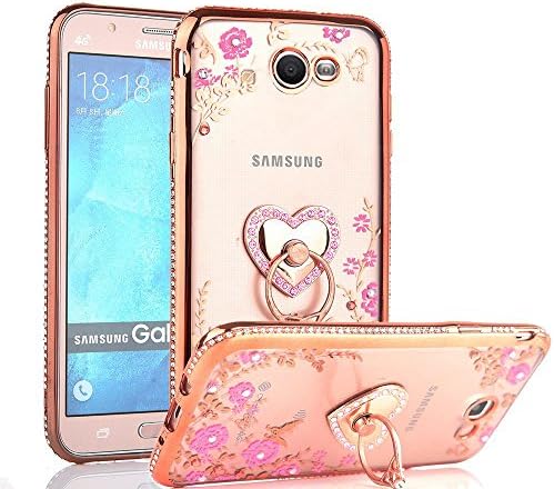 CaseHaven Galaxy J7 Prime 2017 Case, Glitter Crystal Heart Floral Series - Bling Rhinestone Clear TPU Case with Ring Stand for Samsung Galaxy J7 Perx/Galaxy J7 Sky Pro/Galaxy J7 V - Rose Gold