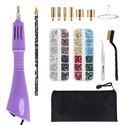 Hotfix Applicator Tool, Bedazzler Kit with DIY Hot Fix Rhinestones Include 7 Tips, Support Stand Tweezers Cleaning Brush Wax Pencils and 2400 Rhinestone