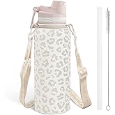 Beige Leopard Skin Stainless Steel Water Bottle with Strap 32oz, Insulated Bottles with Straw and Spout Lid for Gym Sports Travel Outdoor, Gifts for Women Girls Birthday Christmas