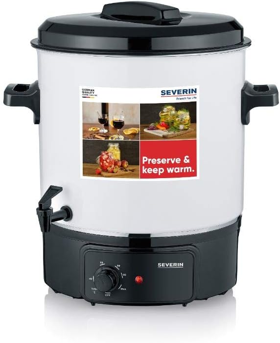 SEVERIN Einkochautomat mit stufenlosem Temperaturregler, kratzfester Glühweinkocher mit Zapfhahn, Einkochtopf für bis zu 14 Einmachgläser à 1 Liter, weiß/schwarz, EA 3654