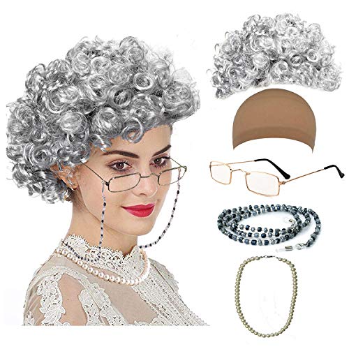 Old Lady Cosplay Set - Grandmother Wig, Wig Cap,Madea Granny Glasses, Eyeglass Chains Cords Strap, Pearl Beads (Style-6) - Thumbnail 7