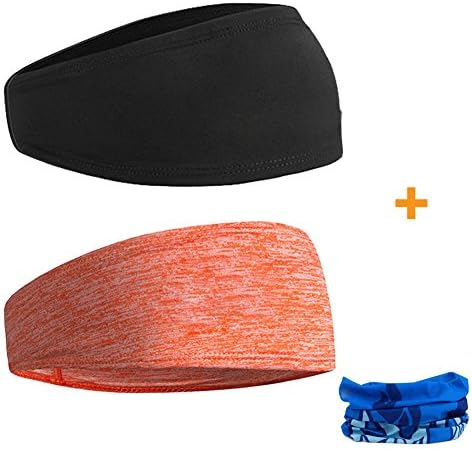 Sport Headband Wide Sweatband for Men & Women, Yoga, Running, Workout, Tennis, Elastic hair bands with Outdoor Riding Face Mask ( 2packs + 1pc,Black/Orange)