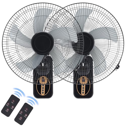 Ventilador de Pared de 16"/40CM, Paquete de 2 Abanicos de Pared con Control Remoto, 5 Aspas, 8 Velocidades, 9H Temporizador, 90° L/R + 45° Vert, Rejilla Metálica, Ideal para Hogar, Oficina o Garaje