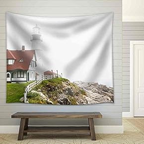 The Famous Portland Head Lighthouse in Heavy Fog - Fabric Wall Tapestry Home Decor - 51x60 inches