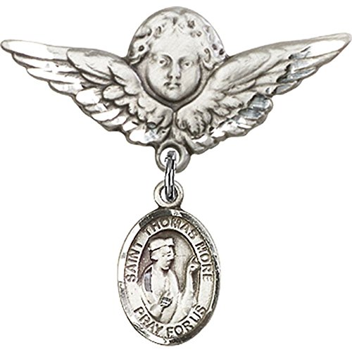Sterling Silver Baby Badge with St. Thomas More Charm and Angel w/Wings Badge Pin 1 1/8 X 1 1/8 inches