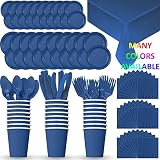 HeroFiber Disposable Paper Dinnerware for 24 - Blue - 2 Size Plates, Cups, Napkins , Cutlery (Spoons, Forks, Knives), and tablecovers - Full Party Supply Pack