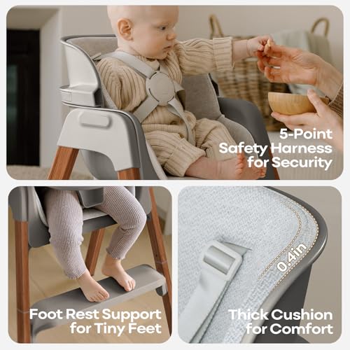 Fodoss Baby High Chair, Foldable Convertible, 5-Point Harness, Easy Clean Wood-Printed Metal Frame with Removable Tray, for Family (Gray & Walnut Wood-Printed Metal)