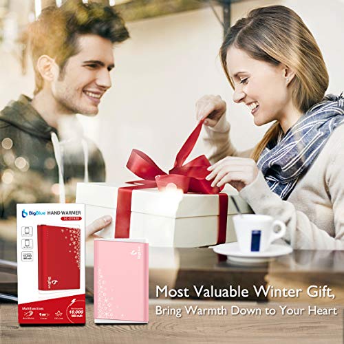 BigBlue 10000mAh Rechargeable Charger with Emergency Light, Portable Reusable with Double-Side Heat for Winter Sports, Ski, Hiking, Camping, Gift-Giving, Rose Gold