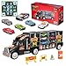 AOKESI Transport Car Carrier Truck Toy Great Gift for Boys Girls Age of 3-10 Year Old (Includes 6 Toy Cars, 2 Construction Signs,7 Road Blocks, 2 Oil Cones, 1 City Map and 1 Dice)