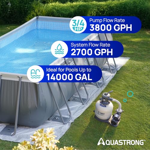 AQUASTRONG Sand Filter Pump for Above Ground Pool with Timer, 3/4 HP Pool Pumps Above Ground 3800 GPH for Pools up to 14000GAL, 12in Pool Filter with 6-Way Valve, Improved Circulation & Filtration