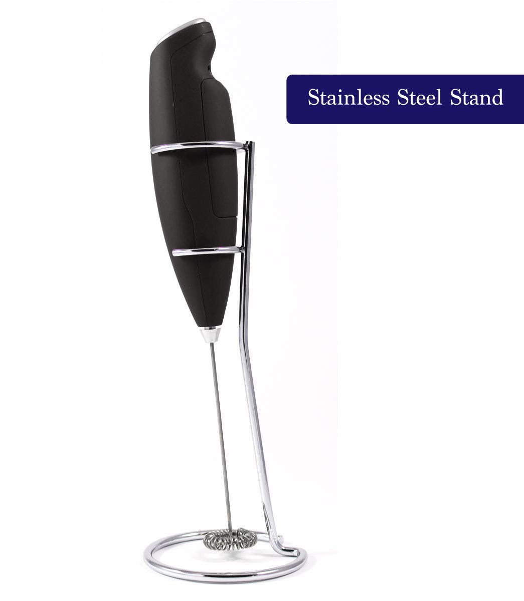 Milk Frother with Stand (Black) - Make Cappuccinos, Lattes and Bulletproof Coffee - Handheld with More Powerful High Torque Motor
