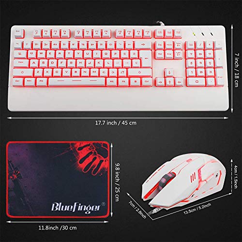 BlueFinger Gaming Keyboard and Mouse,LED Backlit Keyboard and Mouse Combo,USB Wired Keyboard with Ergonomic Wrist Rest for Game and Work - Keyboard Mouse Mouse Pad Set (White) - Thumbnail 7
