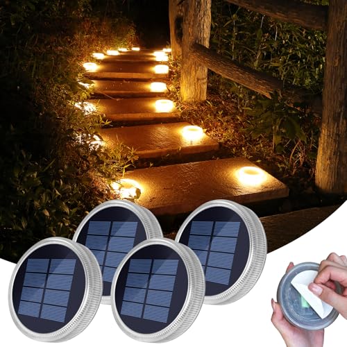 YiLaie Twilight Solar Lights Outdoor Garden 24 LEDs, 11 cm Solar Beacon Circular Floor Adhesive Lighting 360°, IP68 Waterproof for Path, Parking, Stairs, Sidewalk, Warm White (4 Pack)