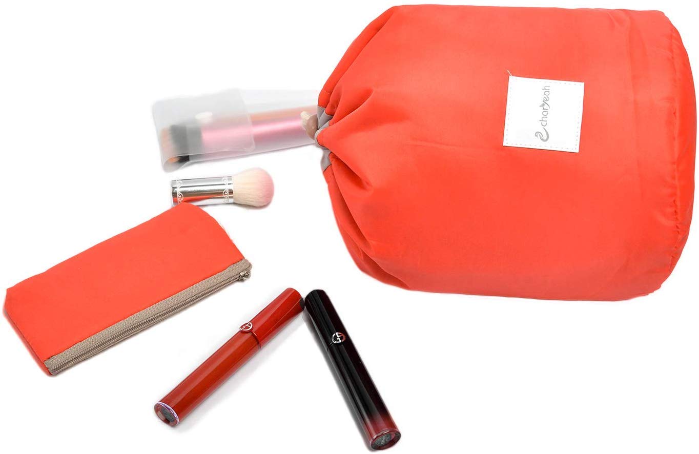 Charyeah Cosmetic Bags Makeup Bag Travel Barrel Cases Kit Organizer Bathroom Storage Carry Case Toiletry Bags Multifunctional Bucket Toiletry Bag Polyester 300T (Red)