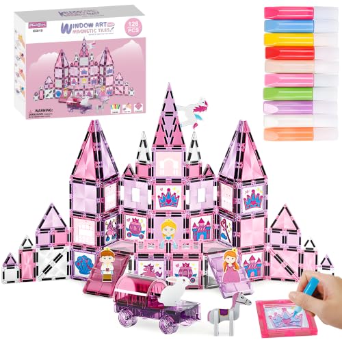 MUMYUM | 126 pcs Set | 10 Coloring pen | 16 DIY Tiles | 6 Cartoon Characters | 1 Car | Magnetic tiles for kids With DIY coloring Tiles and Pens – Pink Queen Castle Magnatiles Building Blocks With Car