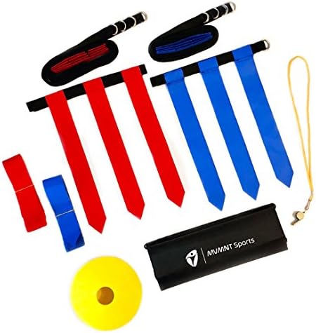 MVMNT Sports Deluxe Flag Football Belt Set Adults Youth Kids - Complete Premium 68 Piece Kit - Includes 14 Durable Belts, 3 Heavy Duty Flags per Belt, 10 Field Cones, Portable Carry Bag, BONUS Whistle