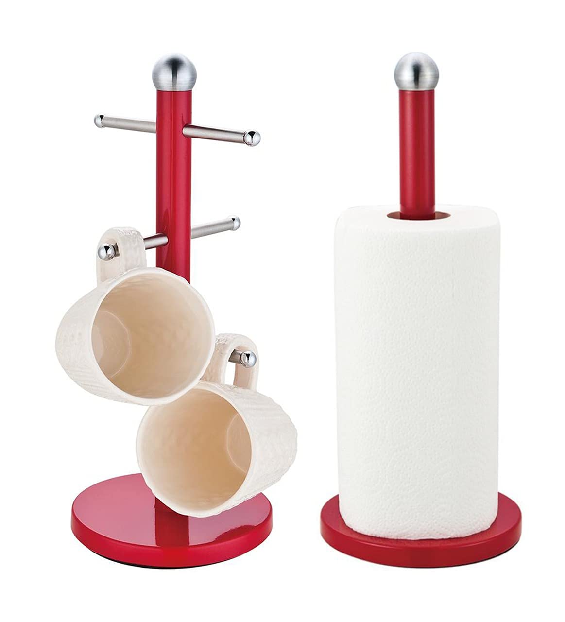 Royal Cuisine set of Stainless Steel Coffee Tea Mug Tree and Kitchen Roll Holder Mug Hanger Stand Paper Towel Holder Tea Coffee Cup Holder with 6 Hooks Kitchen Towel Holders Mug Holder Kitchenware Red