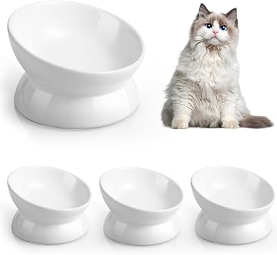 LoeJan Elevated Cat Food Bowl 5 Oz Ceramic Raised Tilted Pet Water Bowl White 4