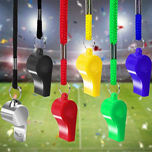 Hicdaw 6 Packs Whistle Sports Coach Whistles Loud Whistles with Lanyard 5 Colorful Plastic and 1 Stainless Steel Metal Whistles for Coaches, Referees and Officials