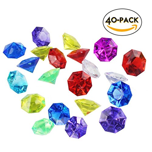 R.FLOWER 36 Carat Colorful Acrylic Diamond Crystals Gems Jewels for Table Scatters, Vase Fillers, Event, Wedding, Party, Birthday Decoration Pirate Treasure, Pack of 40
