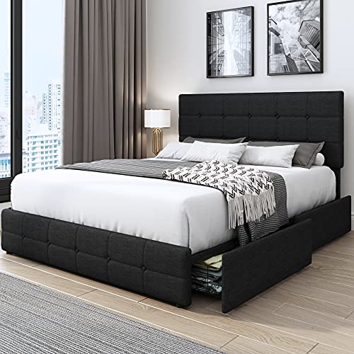 Kealive Upholstered Platform Bed Frame with 4 Storage Drawers