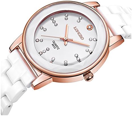 Luxury Casual Fashion Ceramics Rhinestones Sports Women Men Unisex Waterproof Quartz Couple Watches (Rose Gold White Women)