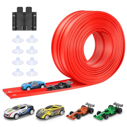 5m Flexible Car Race Track, Fits Hot Wheels & Diecast 1/64 Cars, Roll-Up Loop Track with 4 Mini Cars and 8 Suction Cups, Portable Flex Track Toy Gift for Kids Ages 3+