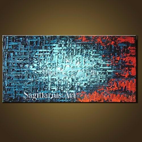 Hand-painted Modern Palette Knife Oil Painting Blue&amp;Red Metal Wall Art Abstract Canvas Paintings For Living Room/Office