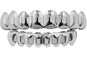 ACFUN 24K Gold Plated Hip Hop Teeth Grillz Punk Custom Fit Polished Teeth Grillz Caps Top & Bottom Grill Set with 2 Silicon Molding Bars Removable Grills For Women Men Gift Halloween Party