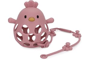 Socub Silicone Teething Toy for Babies 0-6, 12, 18 Months Infants, Never Drop Hand Baby Teether Toy with Baby Toy Strap, Baby Sensory Chew Toy for Baby Boys & Girls, BPA free(Dark Pink)