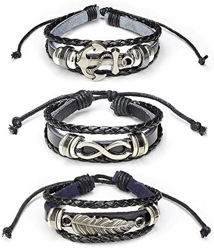Anchor Bracelet, Infinity Bracelet, 3 Pcs Mens Leather Bracelet with Drawstring Black 6.5"-9.5"