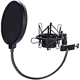 Microphone Shock Mount with 6 Inch Mic Round Shape Wind Pop Filter Mask Shield, Mic Anti-Vibration Suspension Shock Mount Holder Clip for Diameter 46mm-53mm Microphone