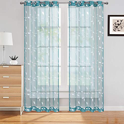 Haperlare Leaves Embroidered Sheer Curtains for Living Room 84 inches Long Teal Sheers Curtain