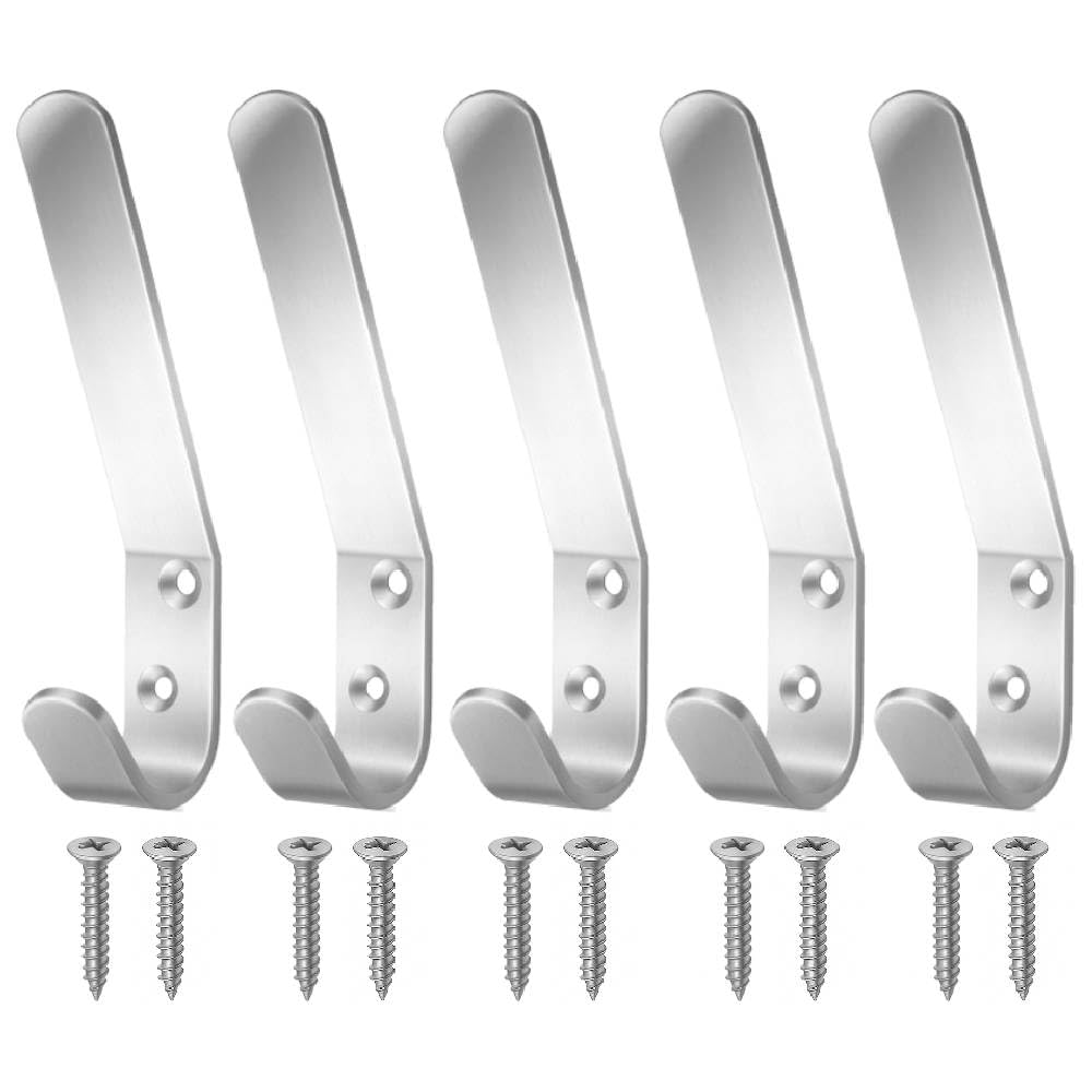SISI UK Aluminum Double Hat and Coat Hanger Hooks Coat Dress Robe & Bath Towel Hook for Bathroom Bedroom Kitchen Office Door Hooks with Fixing Screws Pack of 5.