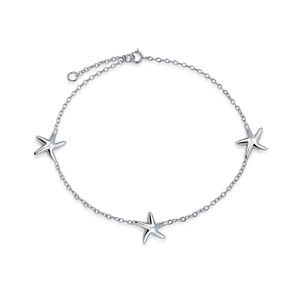 Tropical Beach Vacation Hawaii Paradise Nautical 3 Multi Station Starfish Charm Bracelet .925 Sterling Silver Jewelry for Women and Teens 7"