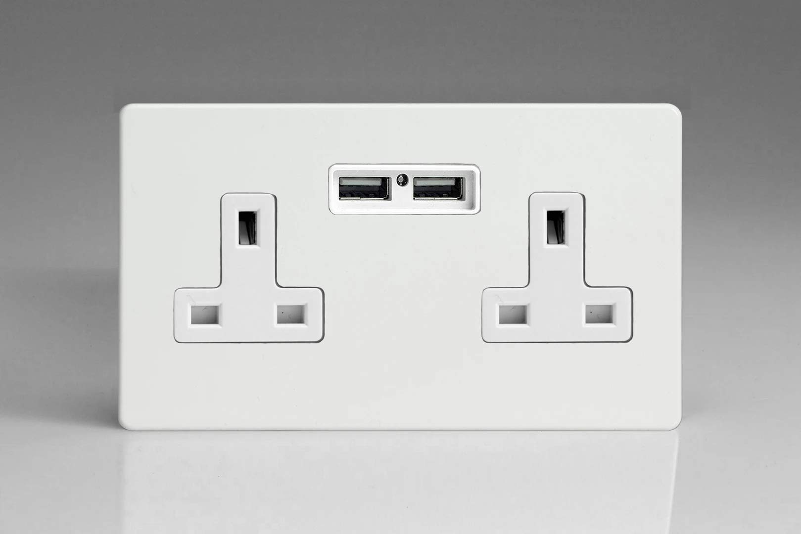 Varilight 2 Gang, 13 Amp Unswitched Socket with 2 Optimised USB Charging Ports, White Insert. Dimension Screwless Premium White