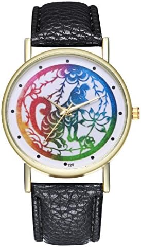 Yeefant Colorful Animals Pattern Trendy Student Lady Leather Band Analog Quartz Round Wrist Women's Fine Vintage Fashion Trend Belt Watch,Black