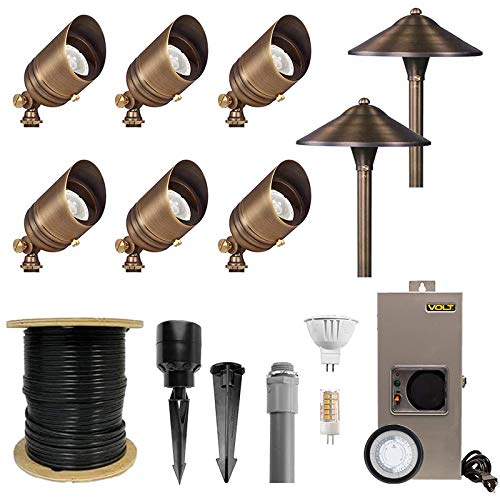 VOLT Solid Brass 12V LED Landscape Lighting Kit (6 Spotlights, 2 Path Lights) with Transformer