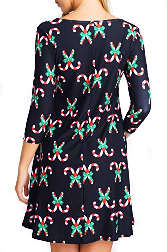 ICONOFLASH Plus Size Christmas Dresses with Pockets for Women 3/4 Sleeves Swing Holiday Party Dress Up Color Candy Cane Pattern, Size 3XLarge - Thumbnail 3