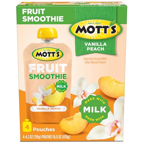 MOTT’S FRUIT SMOOTHIES VANILLA PEACH, 4.2 OZ CLEAR POUCHES, 4 PACK, MADE WITH MILK, MADE WITH REAL FRUIT, GOOD SOURCE OF CALCIUM, ON-THE-GO